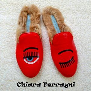 NWT Chiara Ferragni Hair-Lined Leather Loafer Mule